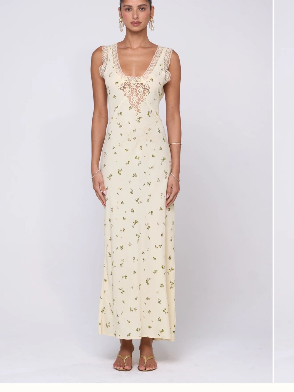 RESA Cream Maxi Dress with Green Floral Print and Lace Yoke